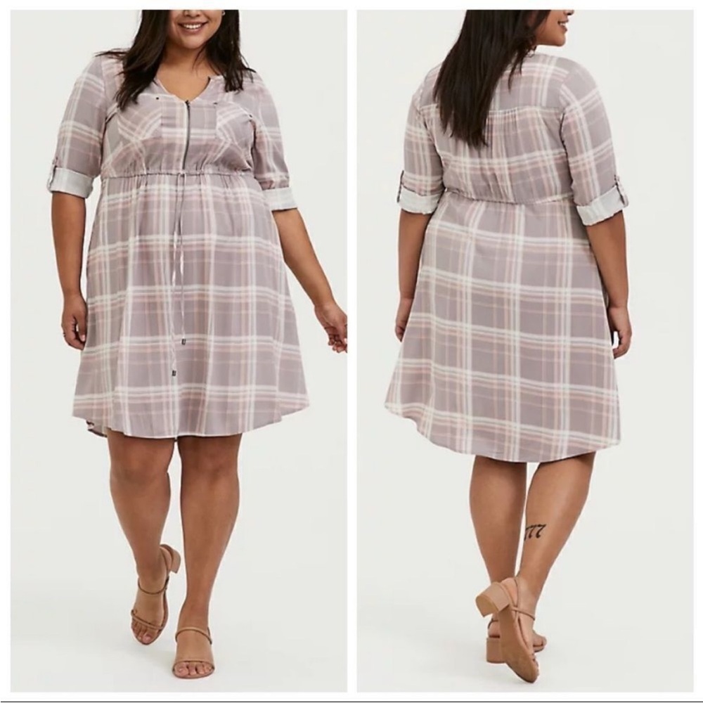 NEW Torrid lilac purple peach plaid zip front drawstring challis shirt dress